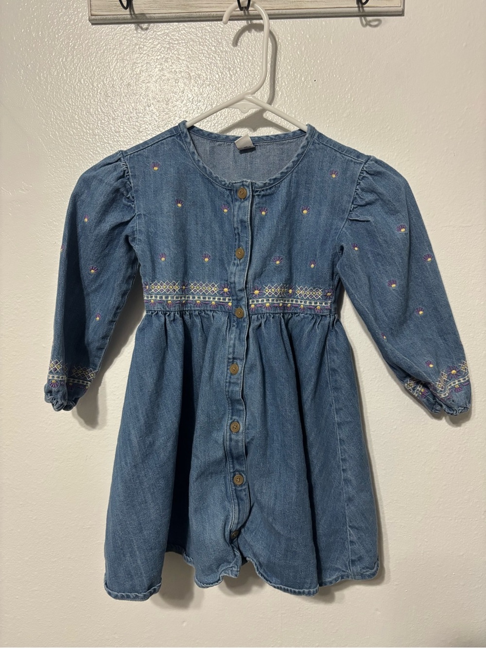 Old Navy Blue Denim Button-Front Dress with Embroidered Accents